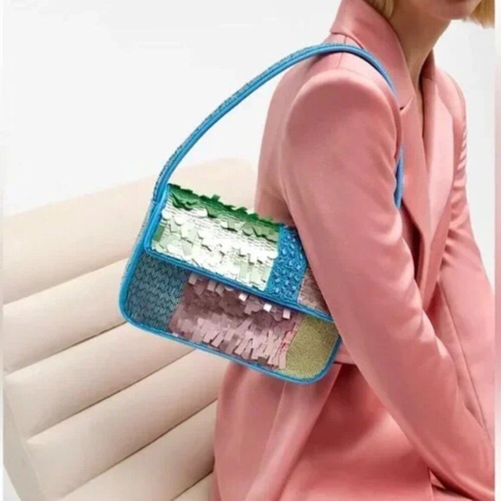 STAUD Tommy Beaded Patchwork Shoulder Bag